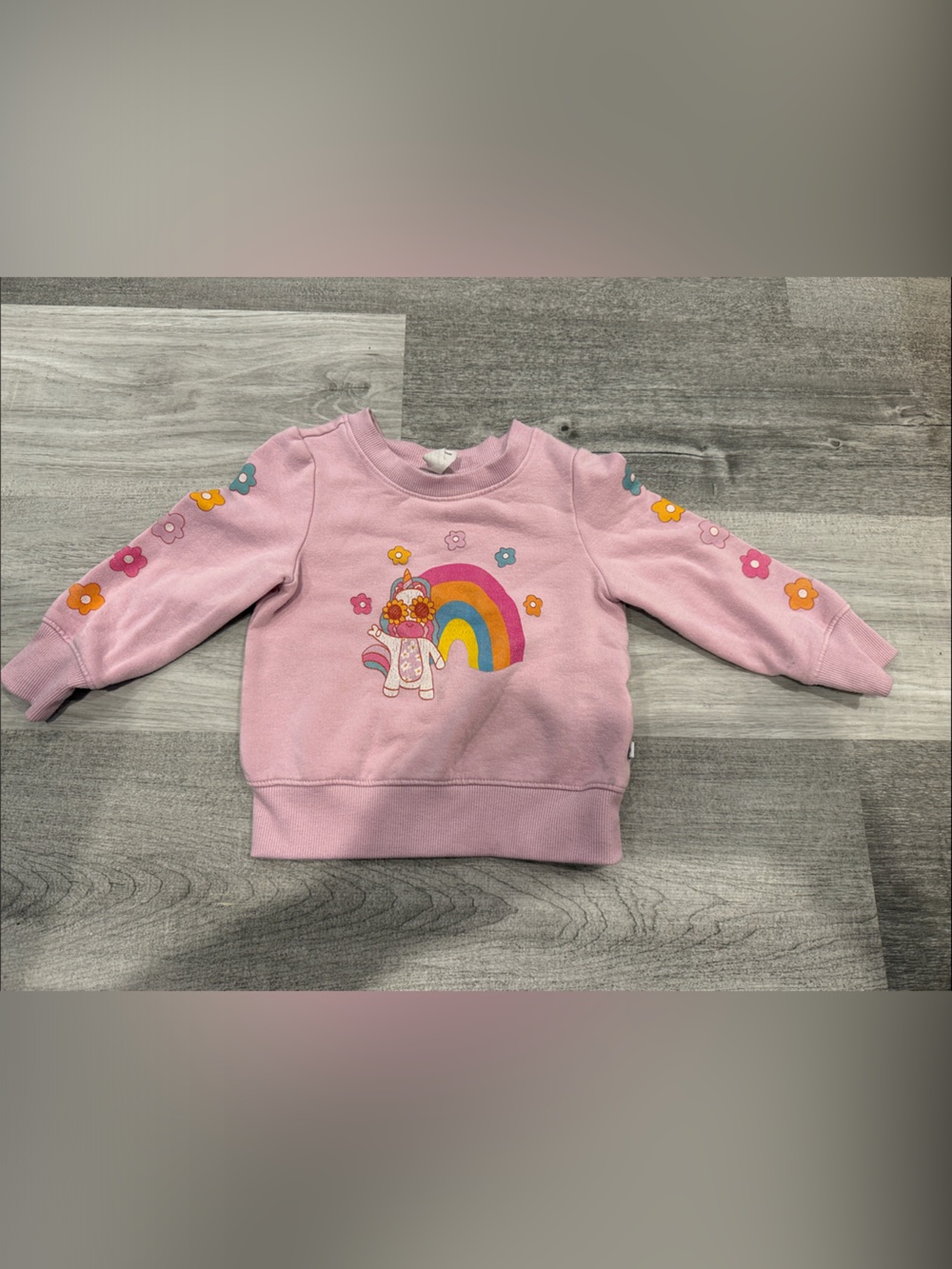 Posh Peanut Pink Sweatshirt with Rainbow & Floral Sleeve Accents